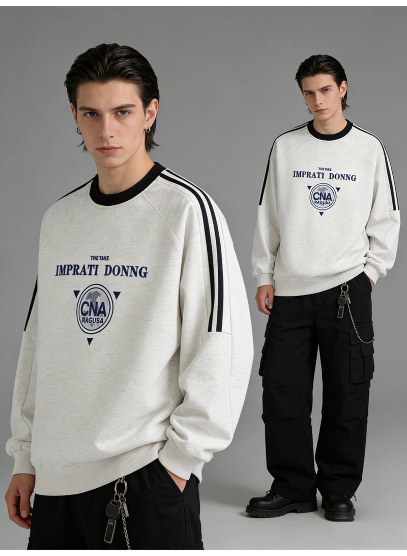 Heather White "IMPRATI DONNG" Vintage Logo Oversized Crew Neck Sweatshirt | Striped Sleeve Pullover With "CNA RAGUSA" Print - Image 5